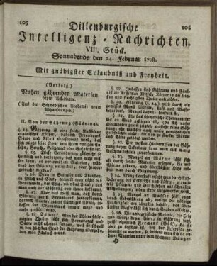 VIII. Stück. Sonnabends den 24. Februar 1798.