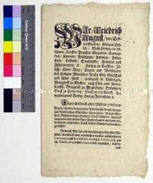 Mandat von August II. König von Polen über die zwischen Friedrich Wilhelm I. König in Preußen und dem Königreich Polen festgesetzten Maßnahmen zur Behandlung von Deserteuren