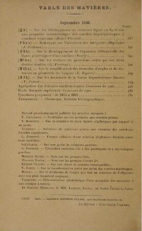 Table des matières. Septembre 1900.
