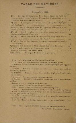 Table des matières. Septembre 1900.