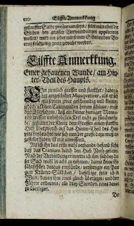 Eilffte Anmerkkung. Einer gehauenen Wunde/ am Hinter-Theil des Haupts. - Zwölffte Anmerkkung. Einer gehauenen Wunde über der Stirn.