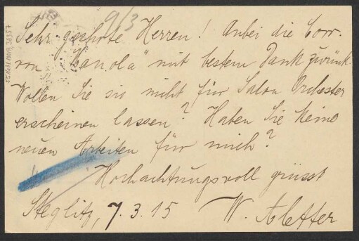 Brief an B. Schott's Söhne : 07.03.1915