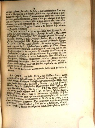 Arrest du Parlement, du 12. Mars 1754, qui ordonne que l'écrit intitulé: Mandatum illustrissimi ... Episcopi Domini Biterrensis, imprimé, Biterris ... 1747, & signé, Josephus-Bruno, Episc. & Dom. Biterr. sera & demeurera supprimé