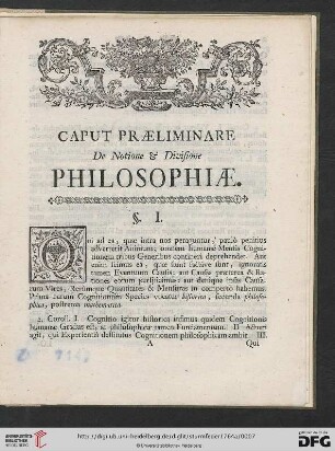 Caput praeliminare de Notione & Divisione Philosophiae