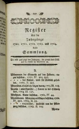 Register über die Jahrgänge 1760. 1761. 1762. 1763. und 1764. dieser Sammlung.