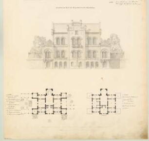 Landhaus mit Ziegeldach Monatskonkurrenz Dezember 1843: Grundriss Erdgeschoss der oberen Ebene, Obergeschoss, Aufriss Gartenansicht; 2 Maßstabsleisten, Raumplan