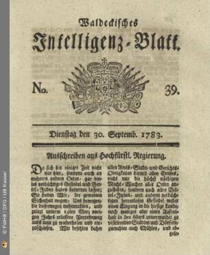 No. 39, Dienstag den 30. Septemb. 1783