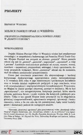 19: Miejsce pamięci ofiar 11 września : (propozycja przekształcenia Nowego Jorku w "miasto ucieczki")