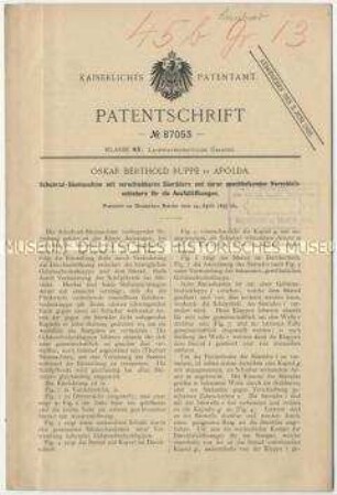 Patentschrift einer Schubrad-Sämaschine mit verschiebbaren Särädern und daran anschließenden Verschlussschiebern für die Ausfallöffnungen, Patent-Nr. 87053