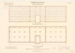 Kaserne für das Luftschiffer-Bataillon, Berlin-Jungfernheide: Feldfahrzeugschuppen: Grundriss Fundamente, Sparrenlage 1:100