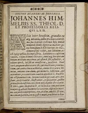 Rector Academiae Jenensis Johannes Himmelius SS. Theol. D. Et Professores [...]