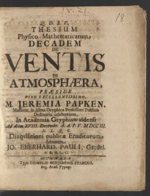 Thesium Physico-Mathematicarum Decadem De Ventis In Atmosphæra