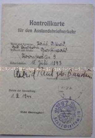 Kontrollkarte für Auslandsbriefverkehr, ausgestellt für Astrid Paul; Greifswald, 1. Febr. 1944