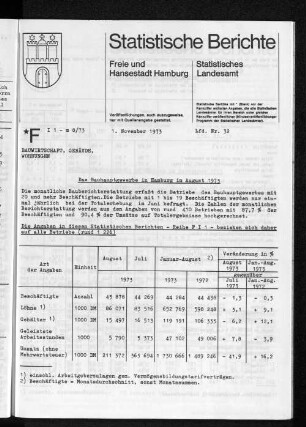Das Bauhauptgewerbe in Hamburg im August 1973 : Lfd. Nr. 32