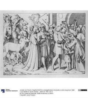 Siegfried führt die wiedegefundene Genovefa in seine burg heim. Blatt 13 zu "Bilder zu Tiecks Genovefa von J. Führich"