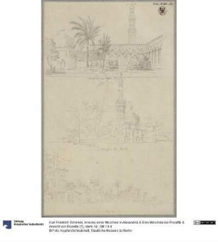 Inneres einer Moschee in Alexandria & Eine Moschee bei Rosette & Ansicht von Rosette (?)
