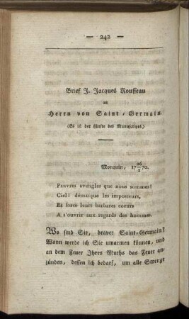 Brief J. Jacques Rousseau an Herrn von Saint - Germain.