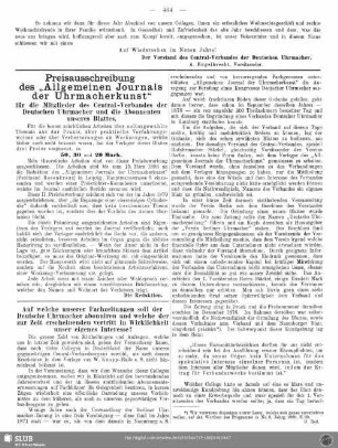 Preisausschreiben des "Allgemeinen Journals der Uhrmacherkunst" für die Mitglieder des Central-Verbandes der Deutschen Uhrmacher und die Abonnenten unseres Blattes