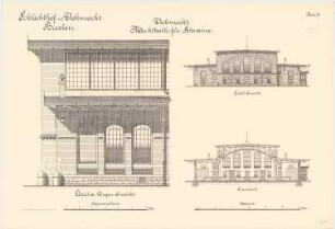 Schlachthof und Viehmarkt, Breslau Markthalle für Schweine: Querschnitt Giebelansicht 1:100, Details: Längenansicht 1:25