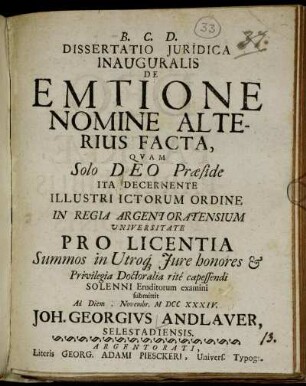 Dissertatio Juridica, Inauguralis De Emtione Nomine Alterius Facta