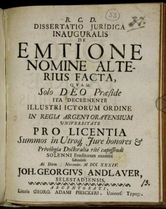 Dissertatio Juridica, Inauguralis De Emtione Nomine Alterius Facta