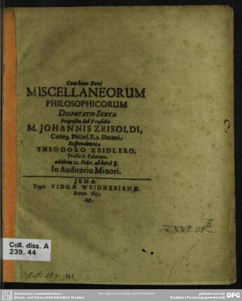 Miscellaneorum philosophicorum : disputatio sexta