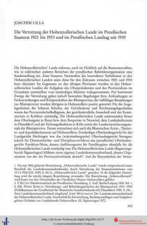 Die Vertretung der Hohenzollerischen Lande im Preußischen Staatsrat 1921 bis 1933 und im Preußischen Landtag seit 1919.