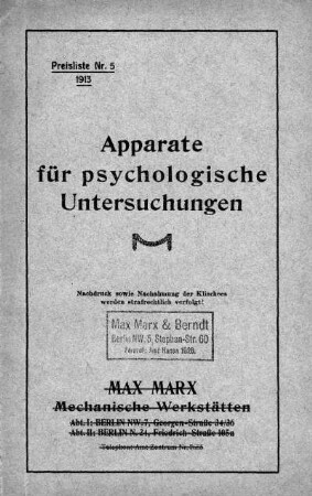 Apparate für psychologische Untersuchungen, Preisliste Nr. 5