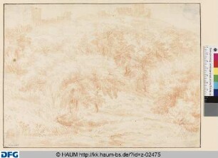 Baumlandschaft am Fuß einer mit Befesstigungsbauten versehenen Anhöhe