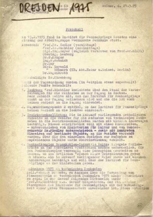 Sitzungsprotokoll AG Technische Denkmale / Treffen in Dresden 1975