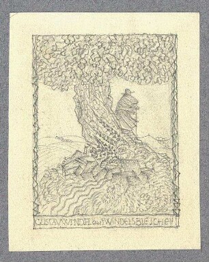 Exlibrisstudie für Gustav Windel aus Windelsbleichen : Schäfer unter einem Baum blickt in die Landschaft, unter der Darstellung der Namenszug; montiert