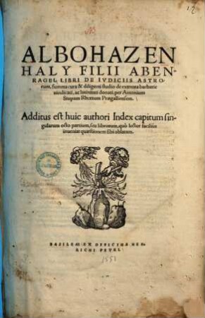 Albohazen Haly Filii Abenragel Libri De Ivdiciis Astrorum