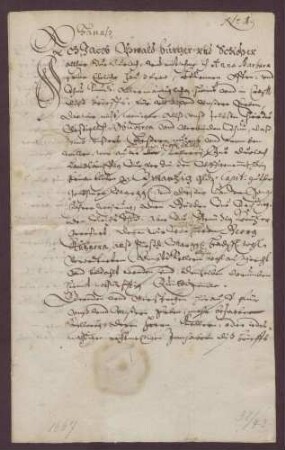 Gültverschreibung des Jacob Oßwald und seiner Frau Anna Barbara, bei zu Durlach, über 20 Gulden Hauptgut, für das sie jährlich einen Gulden an die Amtskellerei zu Durlach zahlen.