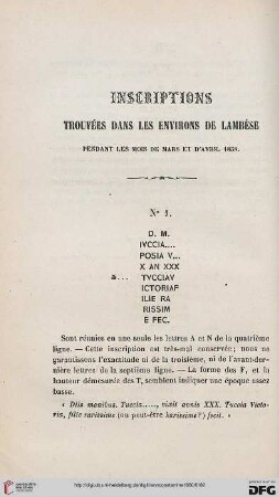 Inscriptions trouvées dans les evirons de Lambèse: pendant les mois de Mars et d'avril 1858