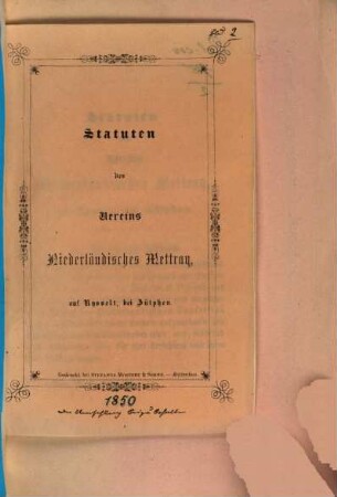 Statuten des Vereins Niederländisches-Mettray auf Rysselt, bei Zütphen