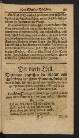 Der vierte Theil. Darinnen begriffen die Natur und Würckung der sieben Planeten ...