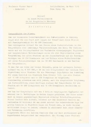 Fußballstadion in der Kongresshalle, Nürnberg: Erläuterungsbericht, 9 Blatt