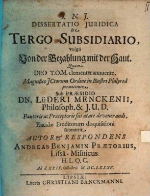 Dissertatio Iuridica De Tergo Subsidiario, vulgo Von der Bezahlung mit der Haut