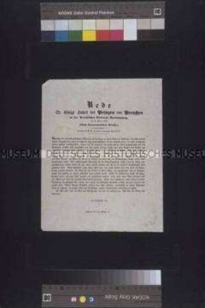 Handzettel: Rede des Prinzen von Preußen, gehalten am 8. Juni 1848 vor der Preußischen Nationalversammlung; undatiert