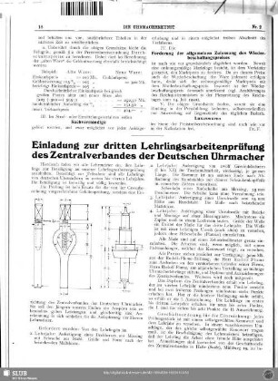 Einladung zur dritten Lehrlingsarbeitenprüfung des Zentralverbandes der Deutschen Uhrmacher