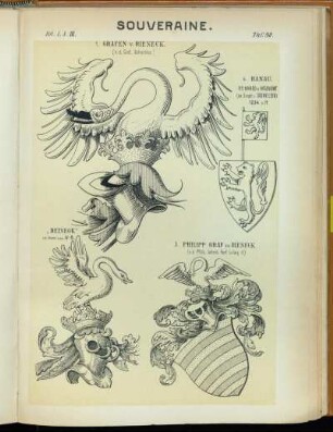 Taf. 92. 1. Grafen v. Rieneck. (n.d. Cod. Scheibler.) - "Reinegk" n.d. Sturm'schen W.-B. - 3. Philipp Graf zu Rieneck. (n.d. Pfälz. Lehenb. Kurf. Ludwig V.) - 4. Hanau. Reinhard v. Hagenowe (im Siegel v. Dornvelden) 1234 u. ff.