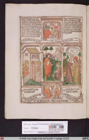 Drei biblische Szenen umgeben von vier Propheten. Links Daniel in der Löwengrube, mittig Noli me tangere, rechts die Braut findet ihren Bräutigam.