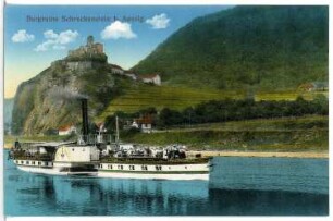 Aussig. Burgruine Schreckenstein an der Elbe mit Personen-Seitenraddampfer "Graf Moltke" (1888, Werft Blasewitz)