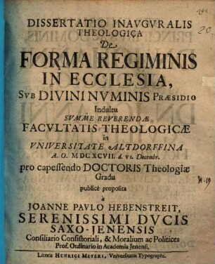 Diss. inaug. theol. de forma regiminis in Ecclesia