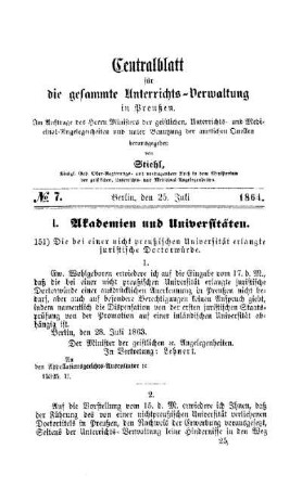 Die bei einer nicht preußischen Universität erlangte juristische Doctorwürde : [I. Akademien und Universitäten]