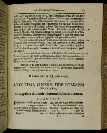 Respondum Quartum, De Legitima Onere Fideicommissi Gravata, ad singulare Amici desiderium hic loci annexum.