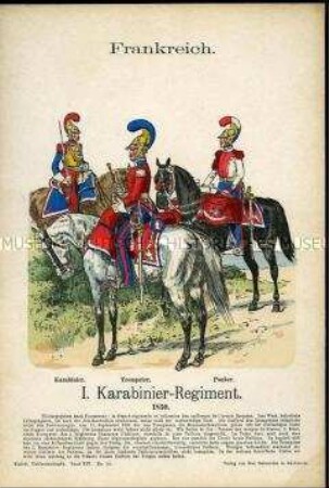 Uniformdarstellung, Gemeiner, Trompeter und Pauker des 1. Karabinier-Regiments, Frankreich, 1830.