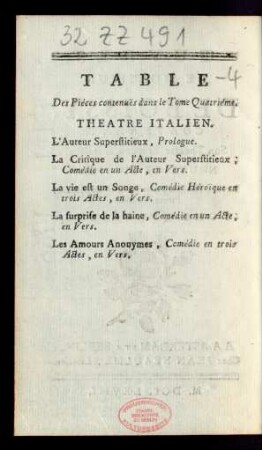 Table Des Piéces contenuës dans le Tome Quatriéme.