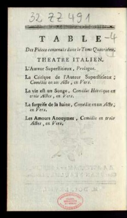 Table Des Piéces contenuës dans le Tome Quatriéme.