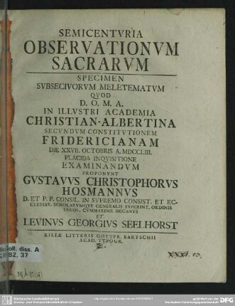 Semicenturia Observationum Sacrarum : Specimen Subseciuorum Meletematum